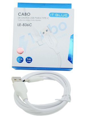 Cabo USB Tipo C 3.1A 1 Metro Comprimento Branco