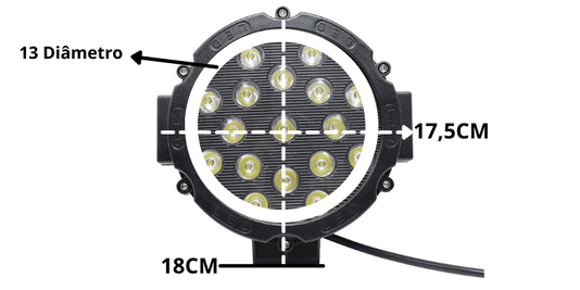 Farol Redondo Off Road 17 LEDs 51W Mascara Negra Bivolt-12v/24v (diametro:18cm)