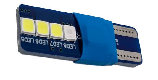 Led T10 8 2835 SMD 12V Branco (liga 3 segundos azul)