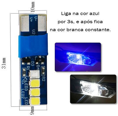 Led T10 8 2835 SMD 12V Branco (liga 3 segundos azul)