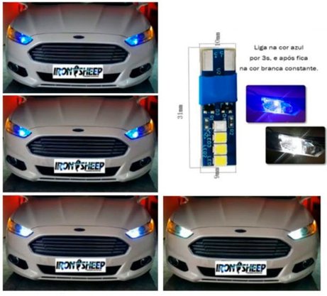 Led T10 8 2835 SMD 12V Branco (liga 3 segundos azul)